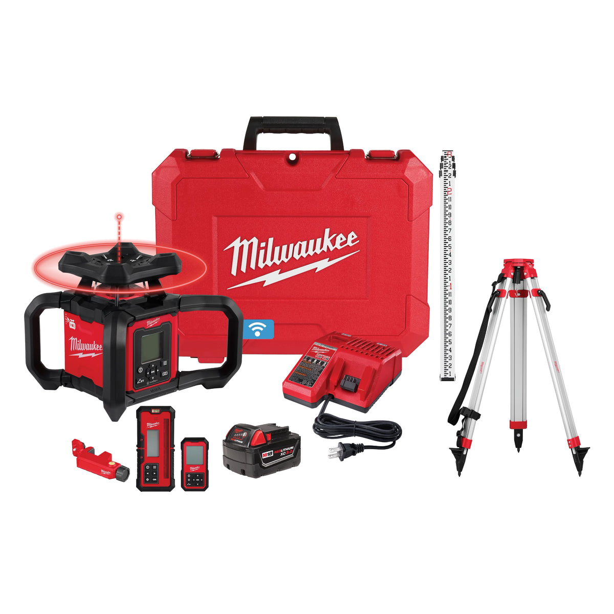 Milwaukee M18™ Red Exterior Dual Slope Rotary Laser Level Kit w/ Receiver, Remote, Grade Rod & Tripod