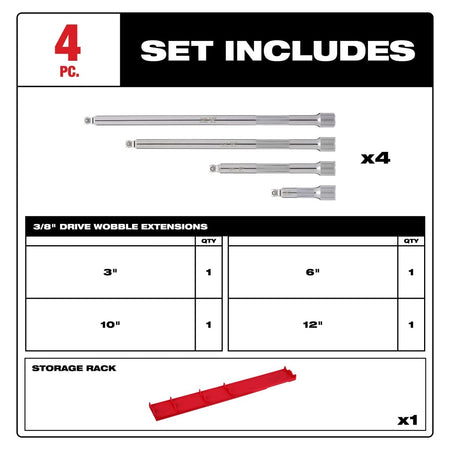 4pc 3/8” Drive Wobble Extension Set - AAA Industrial Supply
