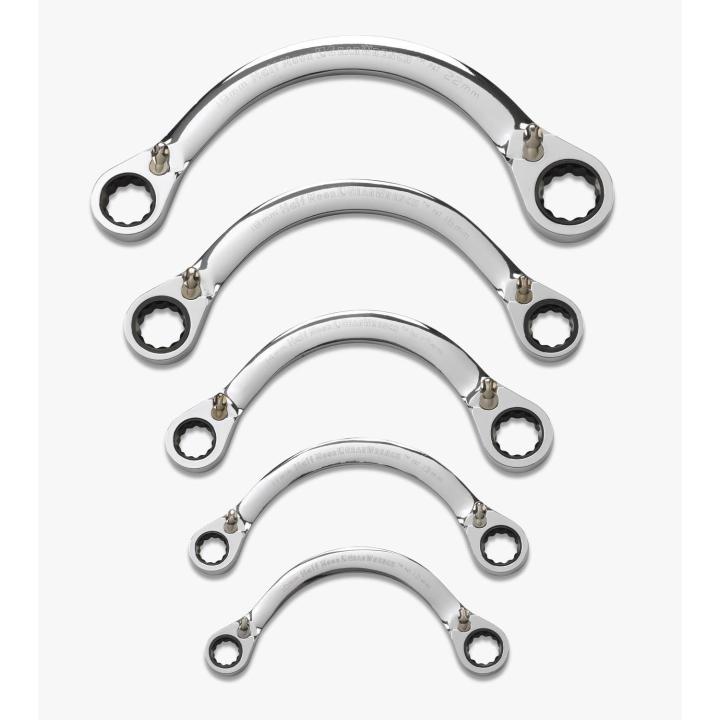 5 Piece 72 - Tooth 12 Point Reversible Half Moon Double Box Ratcheting Metric Wrench Set - AAA Industrial Supply