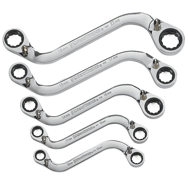5 Piece 72 - Tooth 12 Point Reversible S - Shape Double Box Ratcheting Metric Wrench Set - AAA Industrial Supply