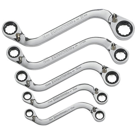 5 Piece 72 - Tooth 12 Point Reversible S - Shape Double Box Ratcheting Metric Wrench Set - AAA Industrial Supply