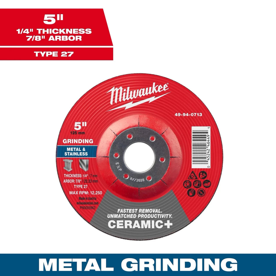5" x 1/4" x 7/8" Ceramic+ Metal Grinding Wheel - Type 27 - AAA Industrial Supply