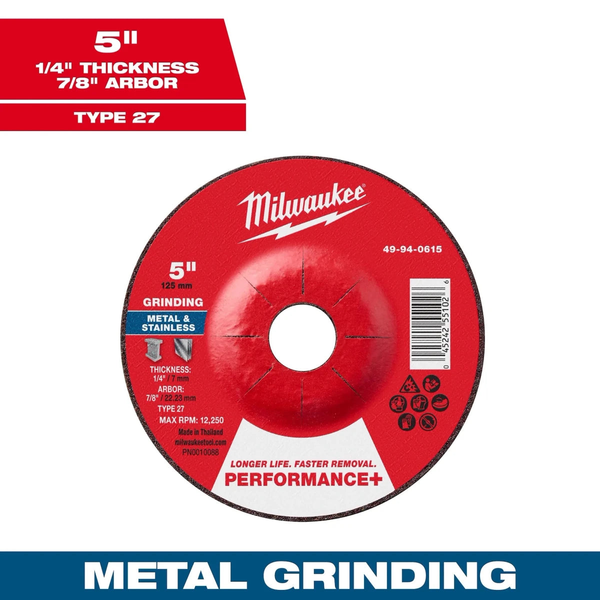 5" x 1/4" x 7/8" Performance+ Metal Grinding Wheel - Type 27 - AAA Industrial Supply