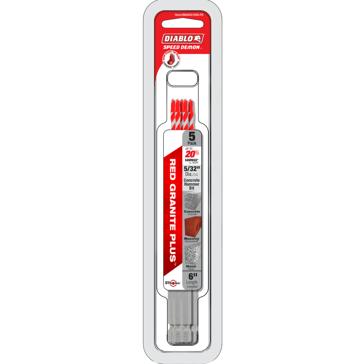 5/32" x 3" x 6" SPEEDemon™ Red Granite PLUS™ Carbide - Tipped Hammer Drill Bit (5 - pk) - AAA Industrial Supply