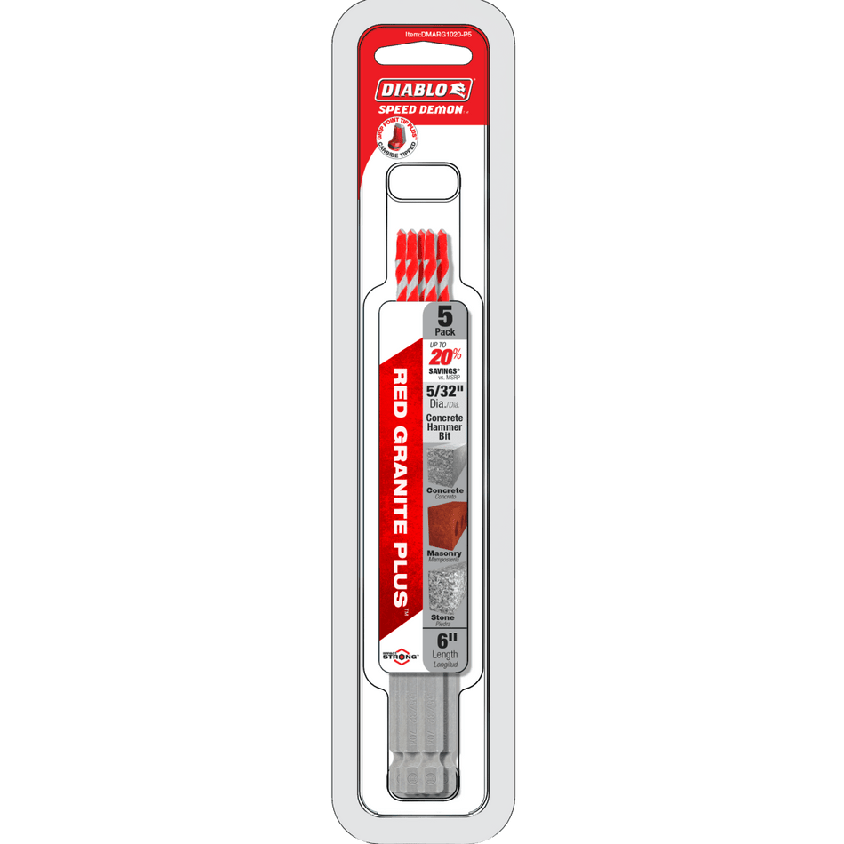 5/32" x 3" x 6" SPEEDemon™ Red Granite PLUS™ Carbide - Tipped Hammer Drill Bit (5 - pk) - AAA Industrial Supply