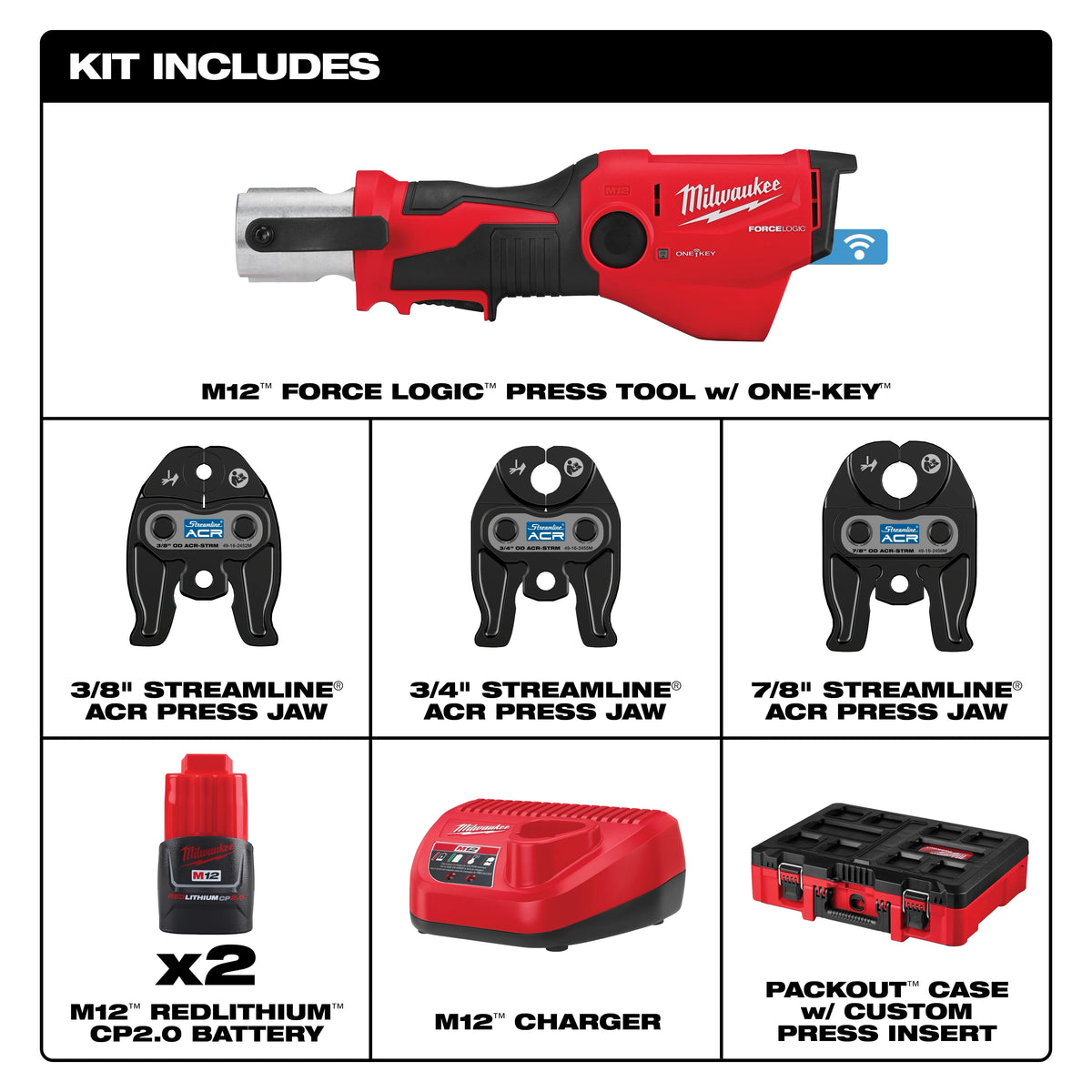 Milwaukee M12™ FORCE LOGIC™ Press Tool Kit w/ ONE KEY™ with 3/8", 3/4", & 7/8" Streamline® ACR Press Jaws