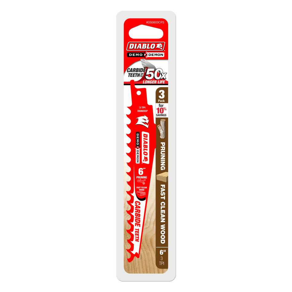 6" 3TPI Demo Demon™ Carbide Tipped Reciprocating Saw Blades for Pruning and Clean Wood (3 - pk) - AAA Industrial Supply