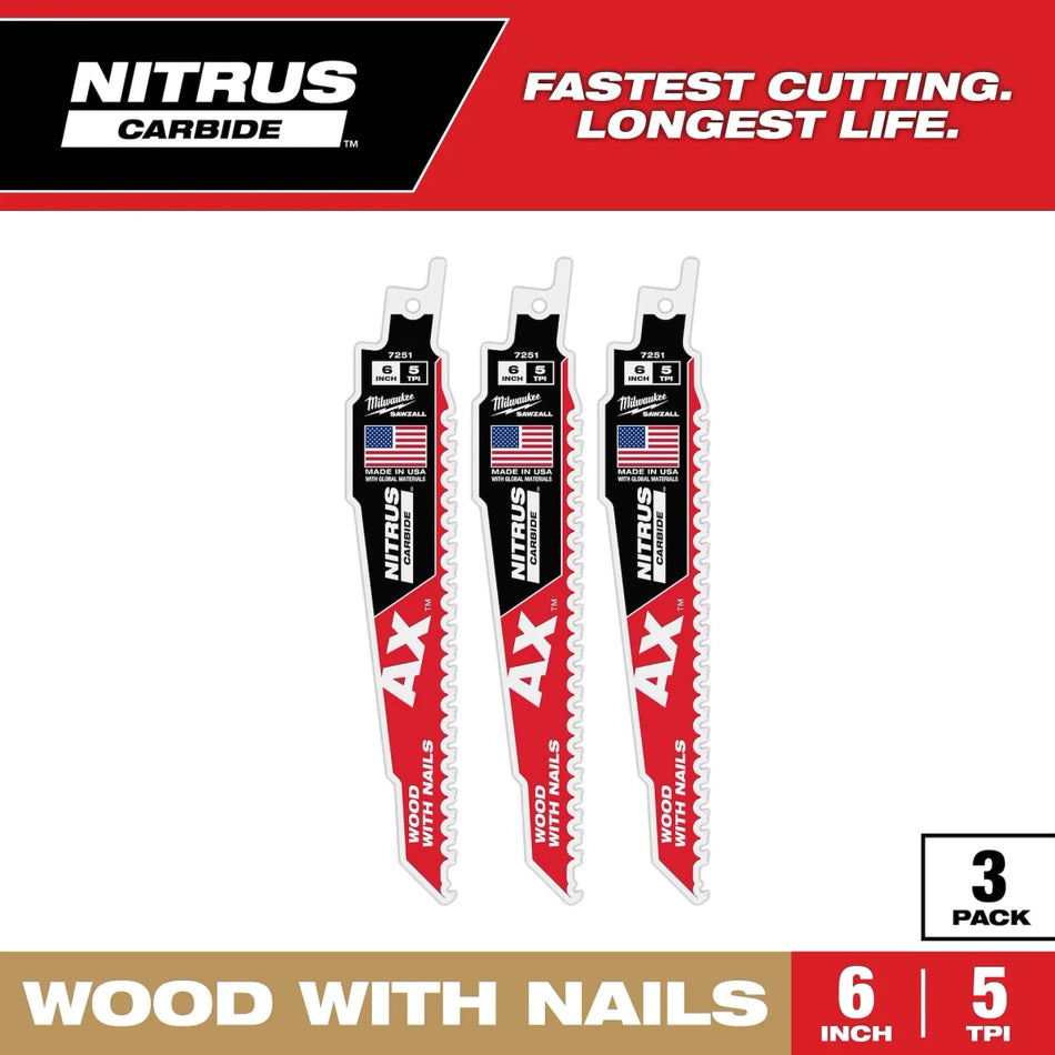 6" 5 TPI AX™ w/NITRUS™ Carbide Teeth SAWZALL® Blade for Wood with Nails 3PK - AAA Industrial Supply