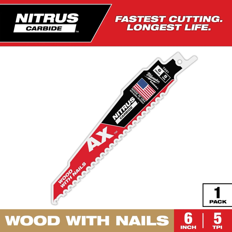 6" 5 TPI AX™ w/NITRUS™ Carbide Teeth SAWZALL® Blade for Wood with Nails - AAA Industrial Supply