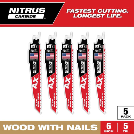 6" 5 TPI AX™ w/NITRUS™ Carbide Teeth SAWZALL® Blade for Wood with Nails 5PK - AAA Industrial Supply