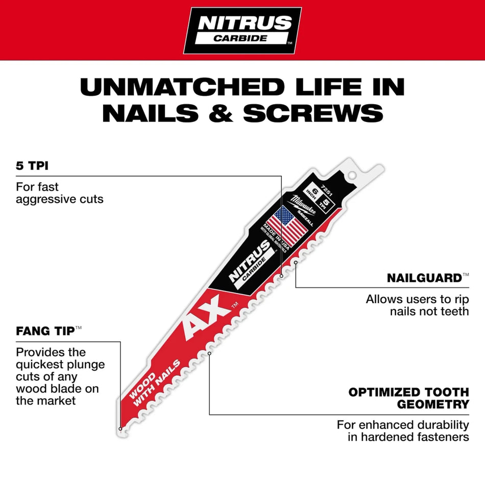 6" 5 TPI AX™ w/NITRUS™ Carbide Teeth SAWZALL® Blade for Wood with Nails - AAA Industrial Supply