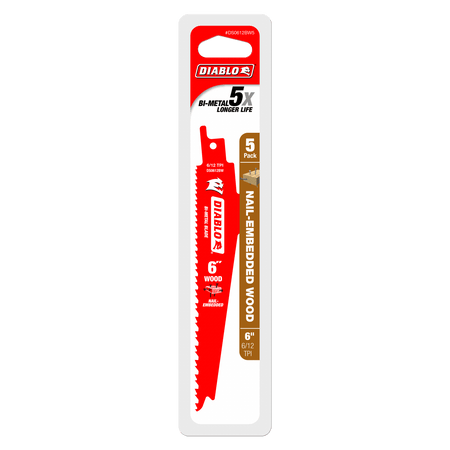 6" 6/12TPI Bi - Metal Reciprocating Saw Blades for Nail - Embedded Wood (5 - pk) - AAA Industrial Supply