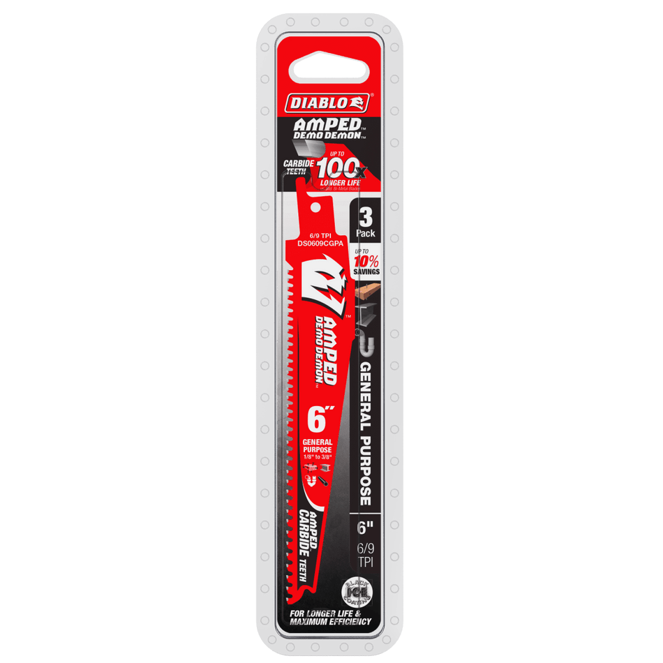 6" 6/9TPI AMPED™ Demo Demon™ Carbide Teeth Reciprocating Saw Blades for General Purpose Cuts (3 - pk) - AAA Industrial Supply