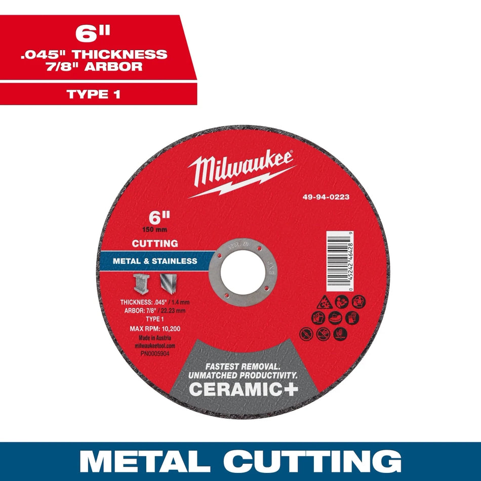 6" x .045" x 7/8" Ceramic+ Metal Cut Off Wheel -Type 1 - AAA Industrial Supply