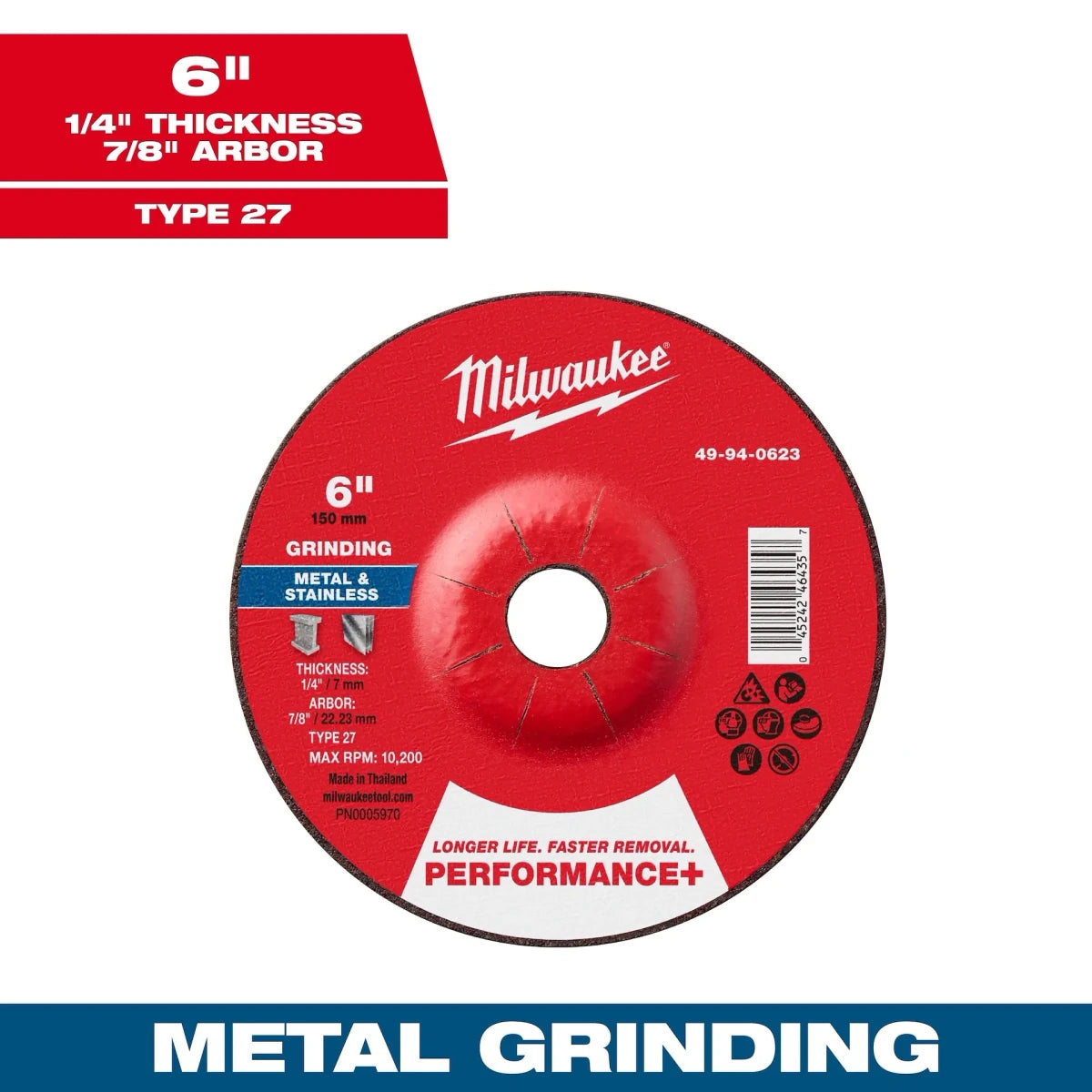 6" x 1/4" x 7/8" Performance+ Metal Grinding Wheel - Type 27 - AAA Industrial Supply