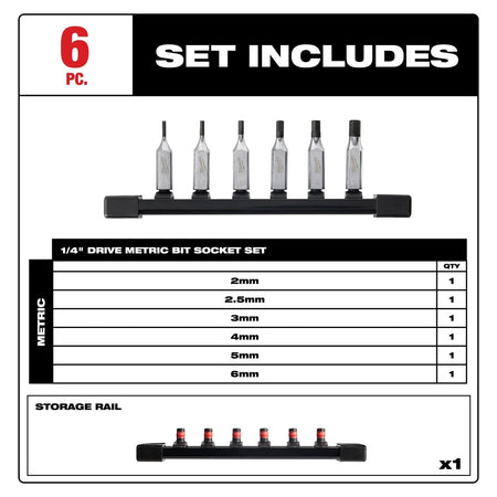6pc 1/4" Drive Hex Bit Socket Set - Metric - AAA Industrial Supply