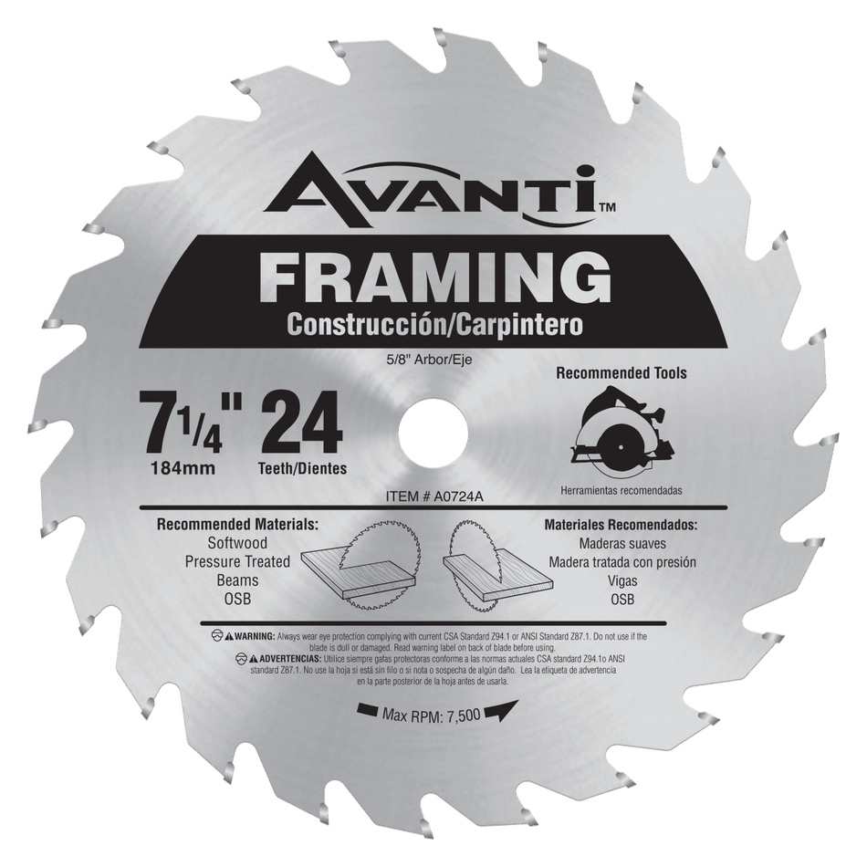 7 - 1/4 in. x 24 - Teeth Framing Saw Blade - AAA Industrial Supply