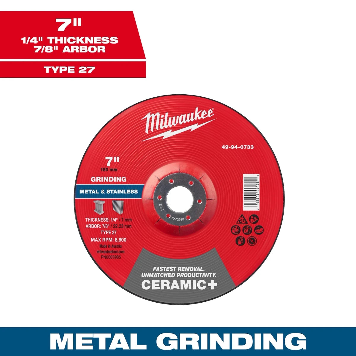 7" x 1/4" x 7/8" Ceramic+ Metal Grinding Wheel - Type 27 - AAA Industrial Supply