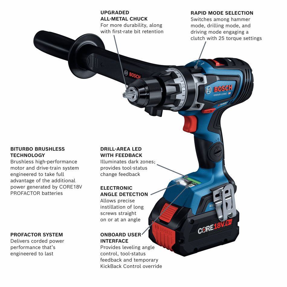 Bosch 18V 2-Tool Combo Kit with Connected-Ready 1/2 In. Hammer Drill/Driver, Connected-Ready Two-In-One 1/4 In. and 1/2 In.  Bit/Socket Impact Driver/Wrench, (1) CORE18V 8 Ah High Power Battery and (1) CORE18V 4 Ah Advanced Power Battery