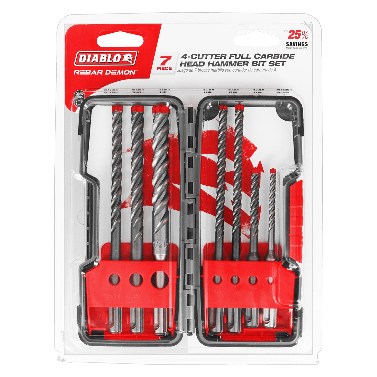 7pc Rebar Demon™ SDS - Plus 4 - Cutter Full Carbide Head Hammer Bit Set (7 - pc) - AAA Industrial Supply