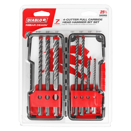 7pc Rebar Demon™ SDS - Plus 4 - Cutter Full Carbide Head Hammer Bit Set (7 - pc) - AAA Industrial Supply