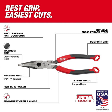 8" Long Nose Comfort Grip Pliers (USA) - AAA Industrial Supply