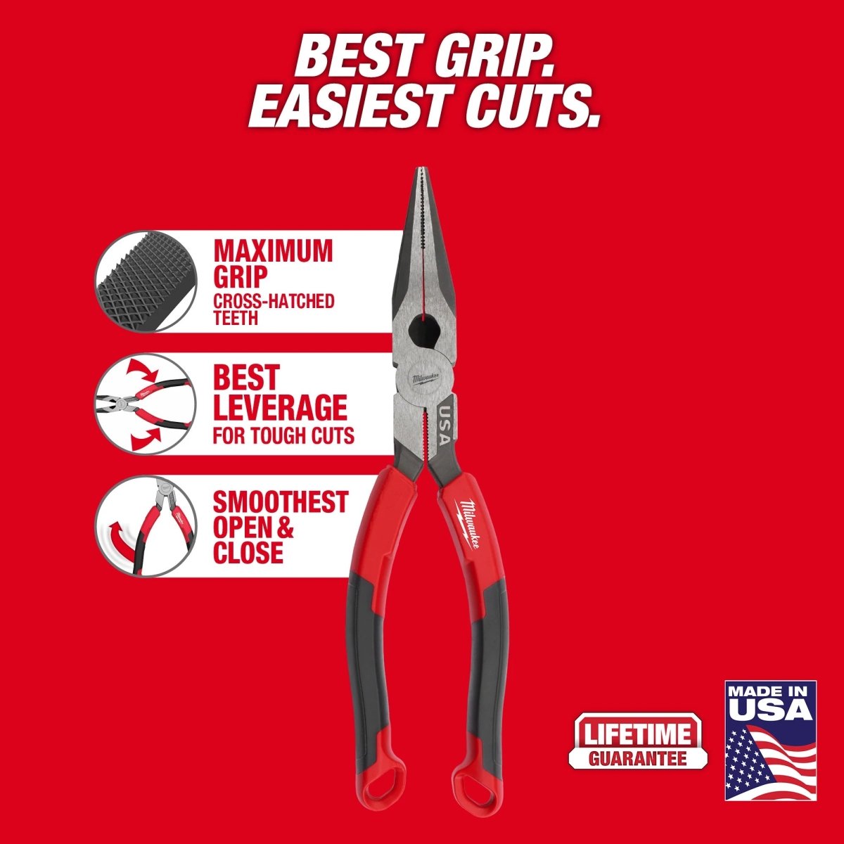 8" Long Nose Comfort Grip Pliers (USA) - AAA Industrial Supply