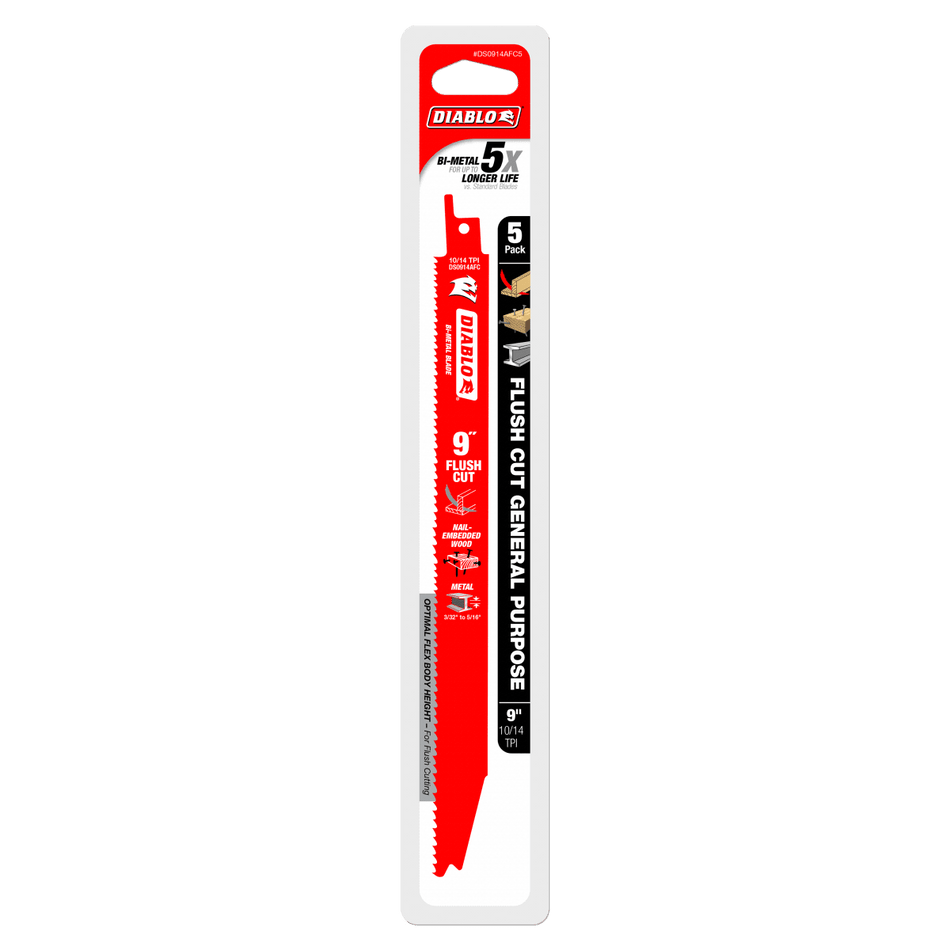 9" 10/14TPI Flush Cut Bi - Metal Reciprocating Blades for Nail - Embedded Wood and Metal (5 - pk) - AAA Industrial Supply