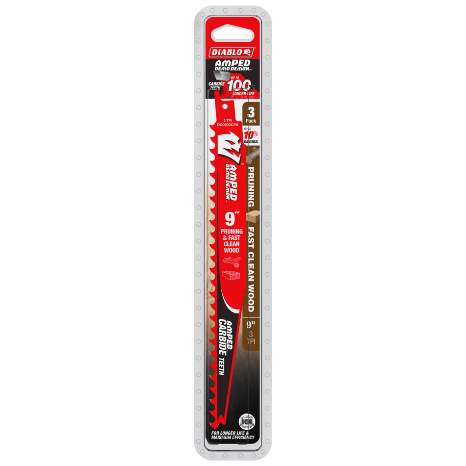 9" 3TPI AMPED™ Demo Demon™ Carbide Teeth Reciprocating Saw Blade for Pruning and Clean Wood - AAA Industrial Supply