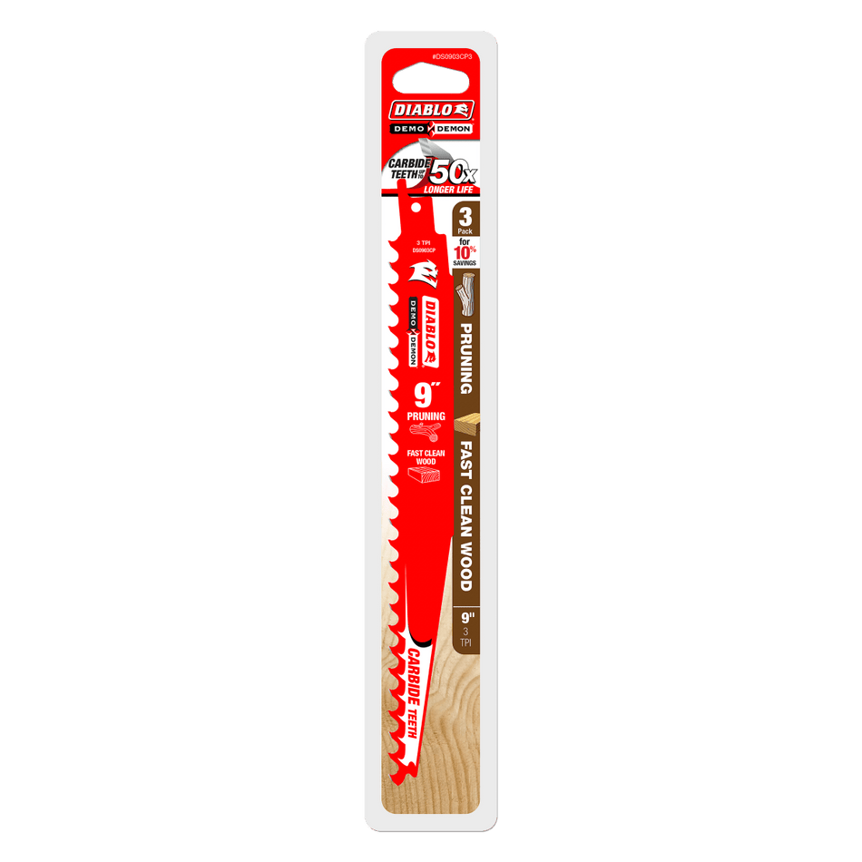 9" 3TPI Demo Demon™ Carbide Tipped Reciprocating Saw Blades for Pruning and Clean Wood (3 - pk) - AAA Industrial Supply