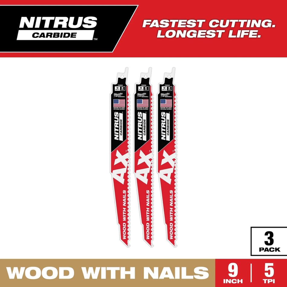 9" 5 TPI AX™ w/NITRUS™ Carbide Teeth SAWZALL® Blade for Wood with Nails 3PK - AAA Industrial Supply