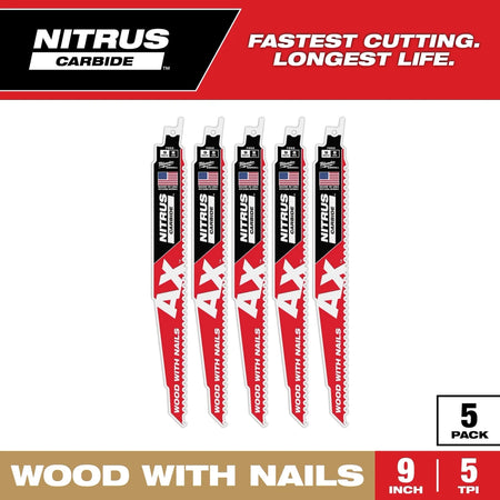 9" 5 TPI AX™ w/NITRUS™ Carbide Teeth SAWZALL® Blade for Wood with Nails 5PK - AAA Industrial Supply