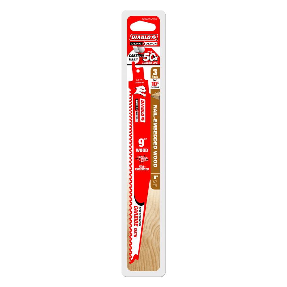 9" 5/7 TPI Demo Demon™ Carbide Teeth Reciprocating Saw Blades for Nail - Embedded Wood (3 Pk) - AAA Industrial Supply