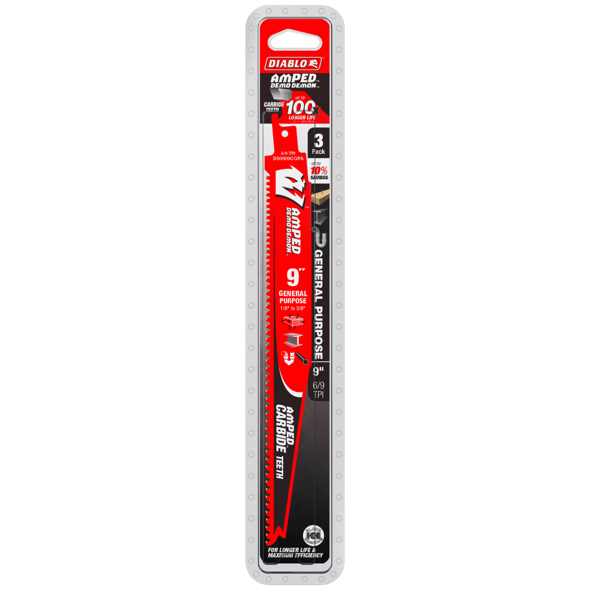 9" 6/9TPI AMPED™ Demo Demon™ Carbide Teeth Reciprocating Saw Blades for General Purpose Cuts (3 - pk) - AAA Industrial Supply
