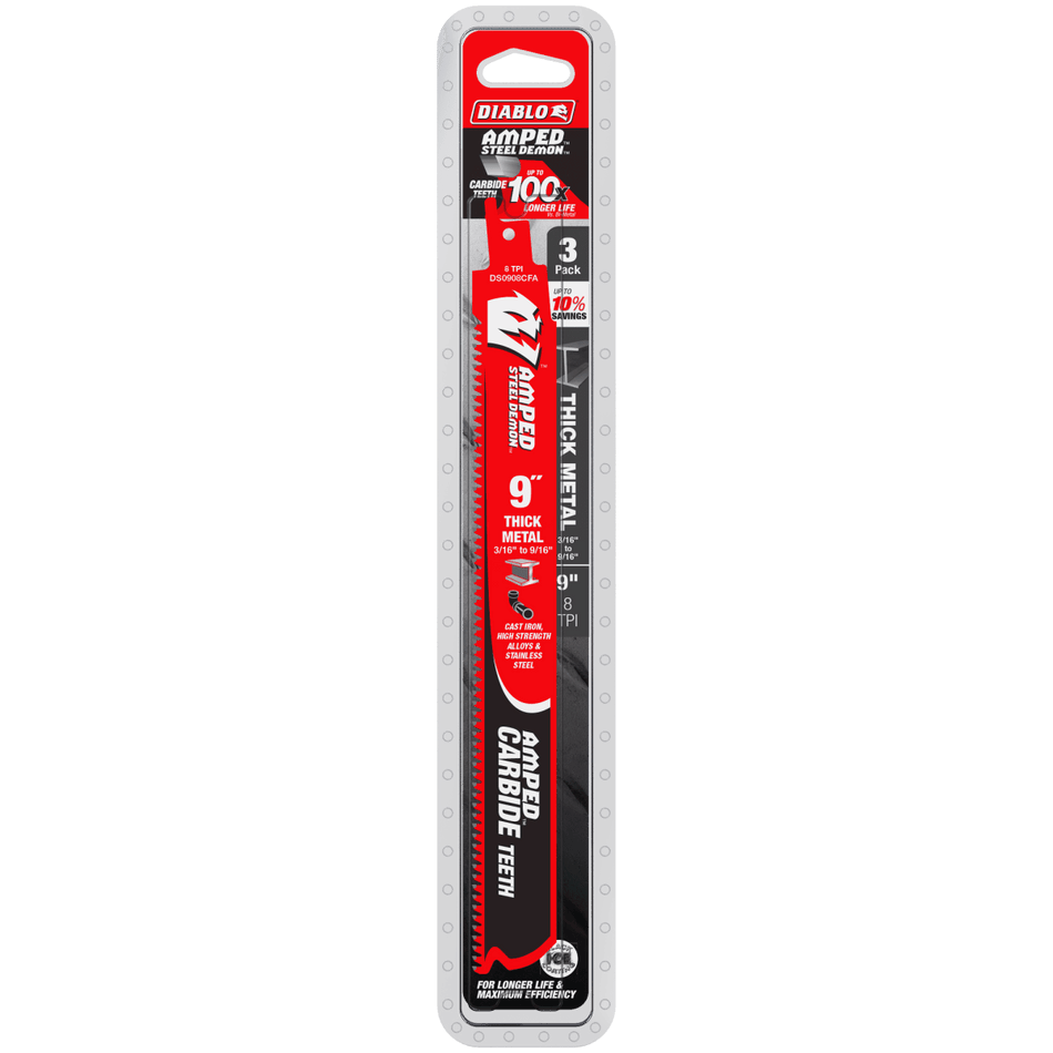 9" 8TPI AMPED™ Steel Demon™ Carbide Teeth Reciprocating Saw Blades for Thick Metal (3 - pk) - AAA Industrial Supply