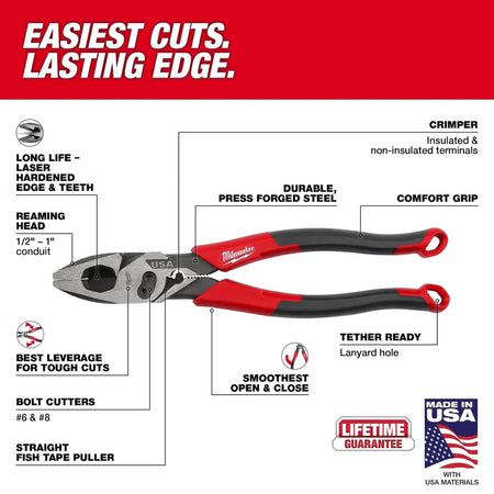 9" Lineman's Comfort Grip Pliers w/ Crimper and Bolt Cutter (USA) - AAA Industrial Supply