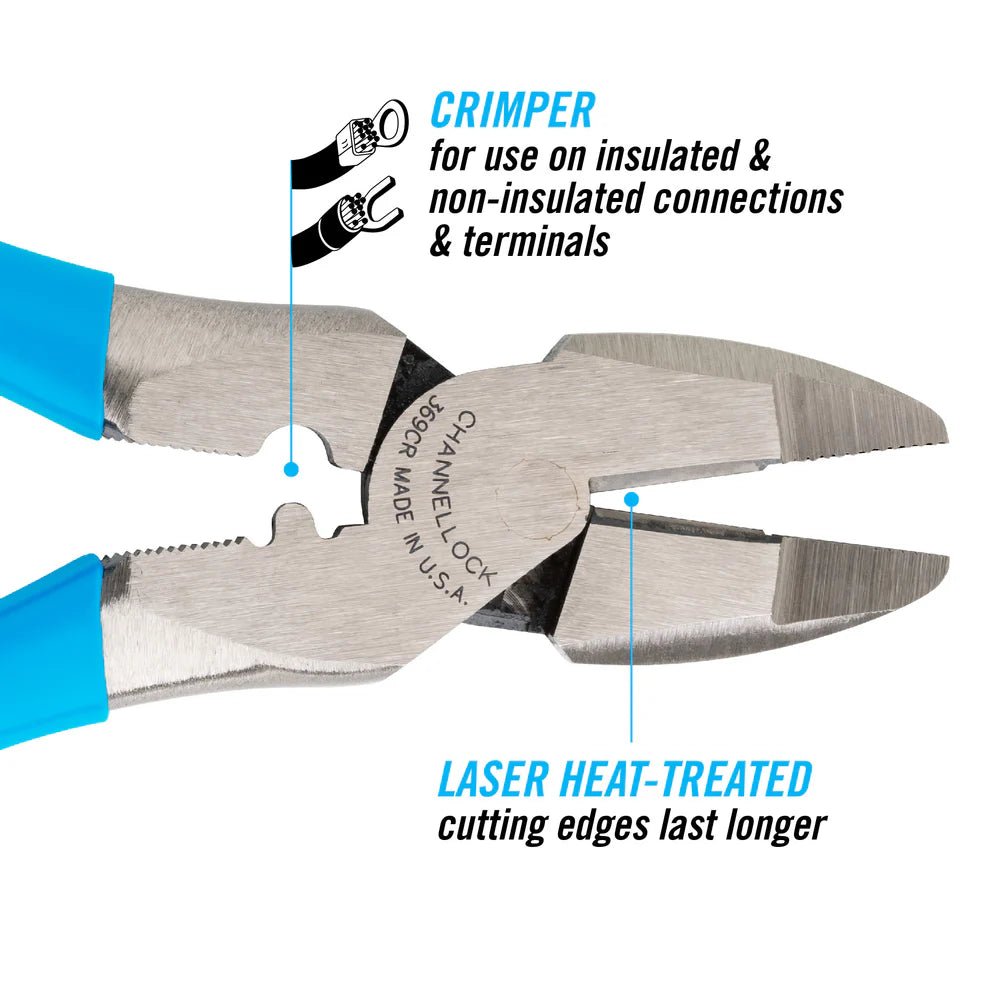 9.5" Channellock XLT Round Nose Linemen Pliers w/ Crimper - AAA Industrial Supply