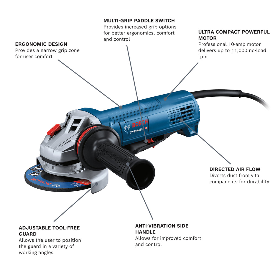 Bosch 4-1/2 In. Ergonomic Angle Grinder with Lock-On Paddle Switch
