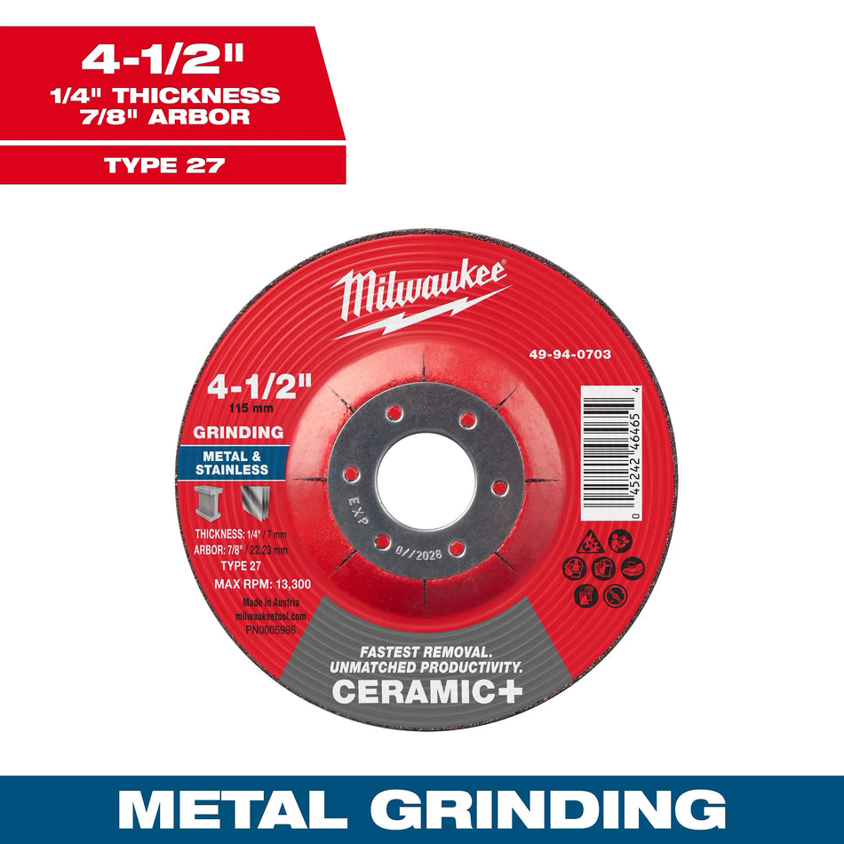 4-1/2" x 1/4" x 7/8" Ceramic+ Metal Grinding Wheel - Type 27