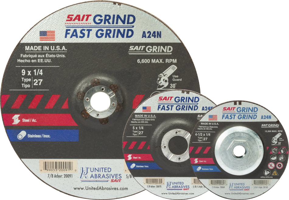 United Abrasives-SAIT 20078 A24N Fast Grinding Wheel 6" x 1/4" x 7/8"  (Type 27/Depressed Center), 25-Pack