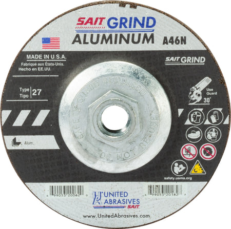 United Abrasives-SAIT 20088 A46N Aluminum Grinding Wheel (Type 27/Depressed Center)  7" x  1/4" x 5/8-11", 10-Pack