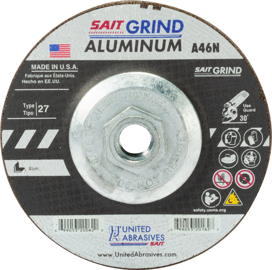 United Abrasives-SAIT 20088 A46N Aluminum Grinding Wheel (Type 27/Depressed Center)  7" x  1/4" x 5/8-11", 10-Pack