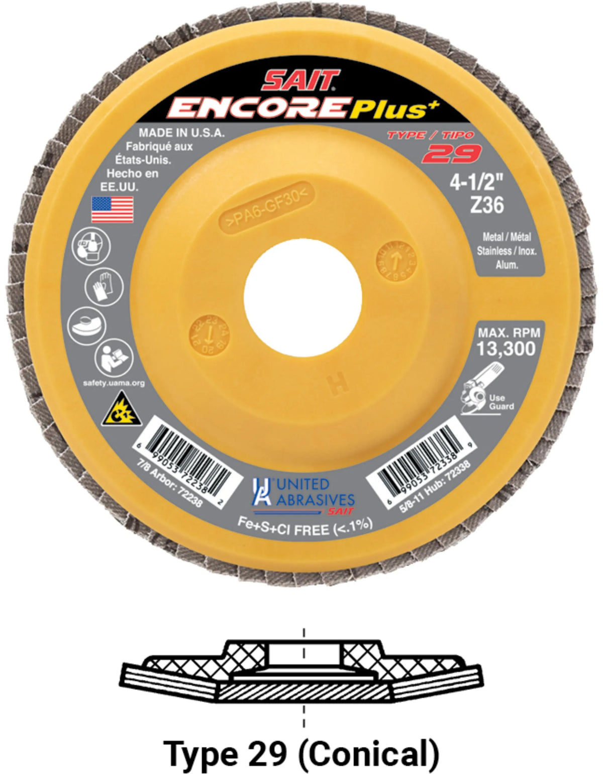 United Abrasives-SAIT 72240 Encore Plus Plastic Backed Flap Disc (Type 29) 4-1/2" x 7/8", 60 Grit, 10-Pack