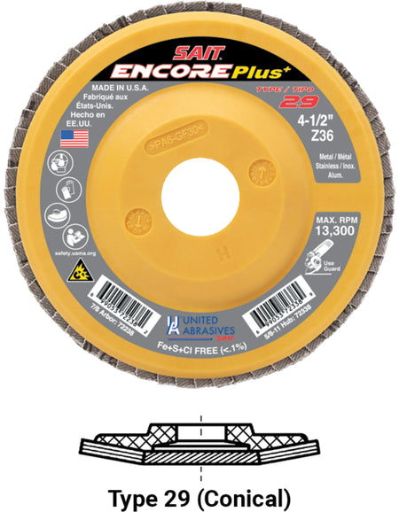 United Abrasives-SAIT 72240 Encore Plus Plastic Backed Flap Disc (Type 29) 4-1/2" x 7/8", 60 Grit, 10-Pack