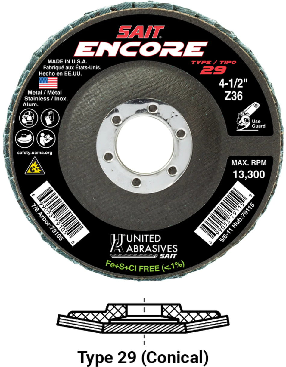 United Abrasives-SAIT 71249 Encore Fiberglass Backed Flap Disc (Type 29) 6" x 7/8", 80 Grit, 10-Pack