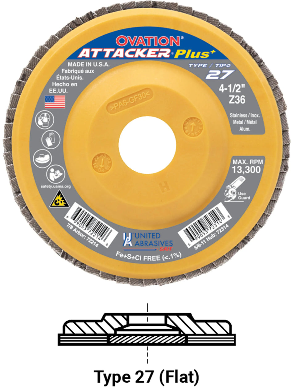 United Abrasives-SAIT 72215 Ovation® Attacker Plus High Density Plastic Backed Flap Disc (Type 27) 4-1/2" x 7/8", 40 Grit, 10-Pack