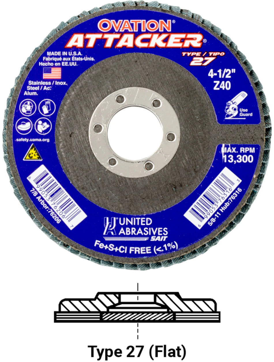 United Abrasives-SAIT 76249 Ovation® Attacker High Density Fiberglass Backed Flap Disc  (Type 27) 7" x 7/8", 80 Grit, 10-Pack