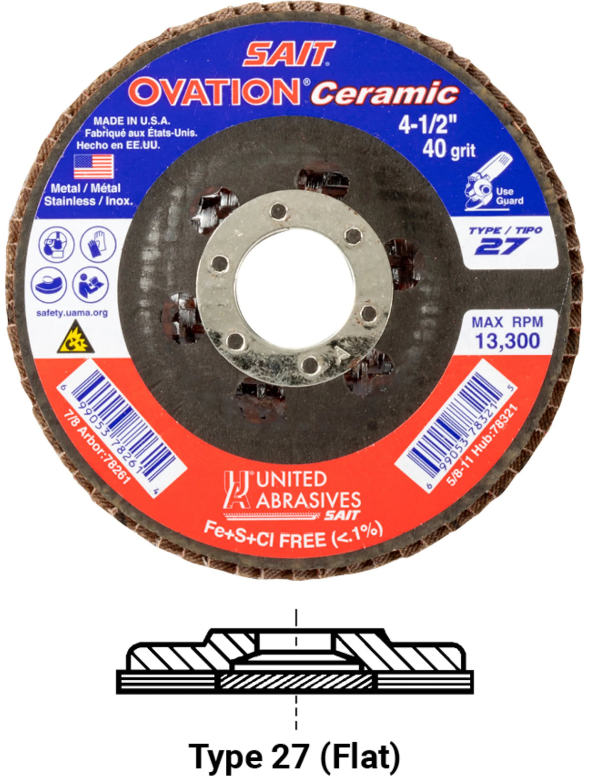 United Abrasives-SAIT 78261 Ovation® Ceramic High Density Fiberglass Backed Flap Disc  (Type 27) 4-1/2" x 7/8", 40 Grit, 10-Pack