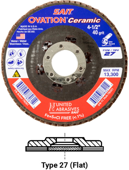 United Abrasives-SAIT 78261 Ovation® Ceramic High Density Fiberglass Backed Flap Disc  (Type 27) 4-1/2" x 7/8", 40 Grit, 10-Pack
