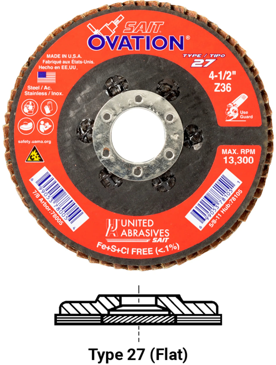United Abrasives-SAIT 78009 Ovation® High Density Fiberglass Backed Flap Disc  (Type 27) 4-1/2" x 7/8", 80 Grit, 10-Pack